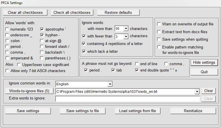 Phrase Frequency Counter Advanced settings window